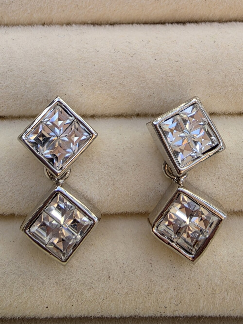 Butler: Clear Square Crystal Drop Earrings - Dangle Double Square 14K Gold Post